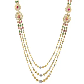 22K Multi Tone Gold Layered Haaram Necklace W/ Rubies, Emeralds, CZ Gemstones & Ornate Side Pendants