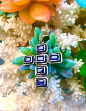 Antique Estate Sterling Silver Tanzanite Blue Purple Faceted Stone Cross Pendant