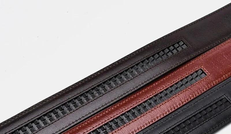 Automatic Style Men's Soft 35mm Width Genuine Leather Striped Pattern Belt