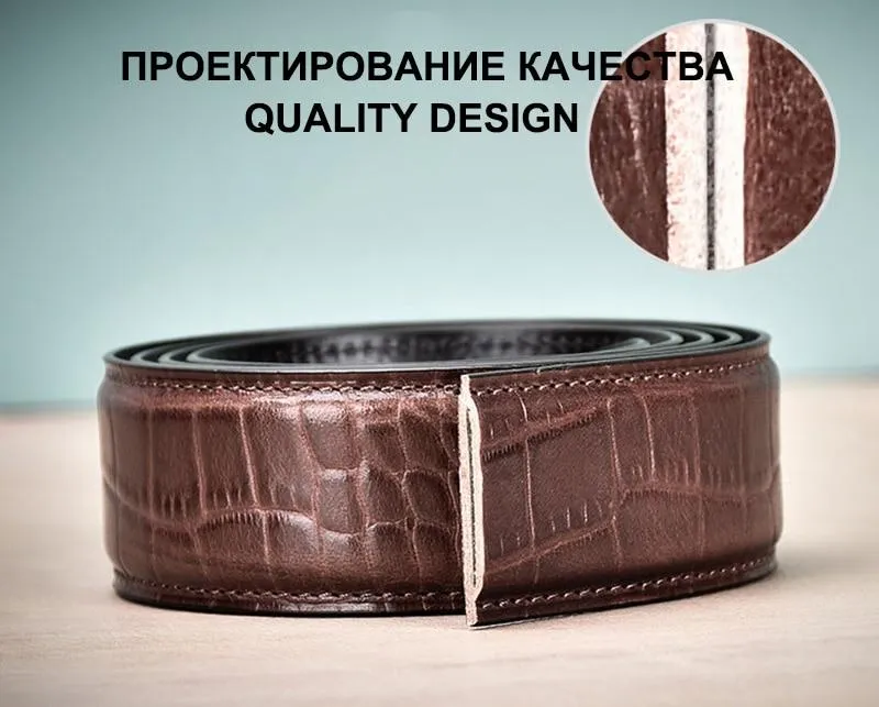 Automatic Style Men's Soft 35mm Width Genuine Leather Striped Pattern Belt