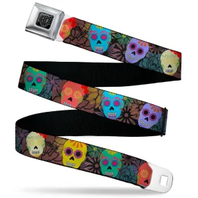 BD Wings Logo CLOSE-UP Black/Silver Seatbelt Belt - Painted Sugar Skulls & Flowers Collage Webbing by Buckle-Down