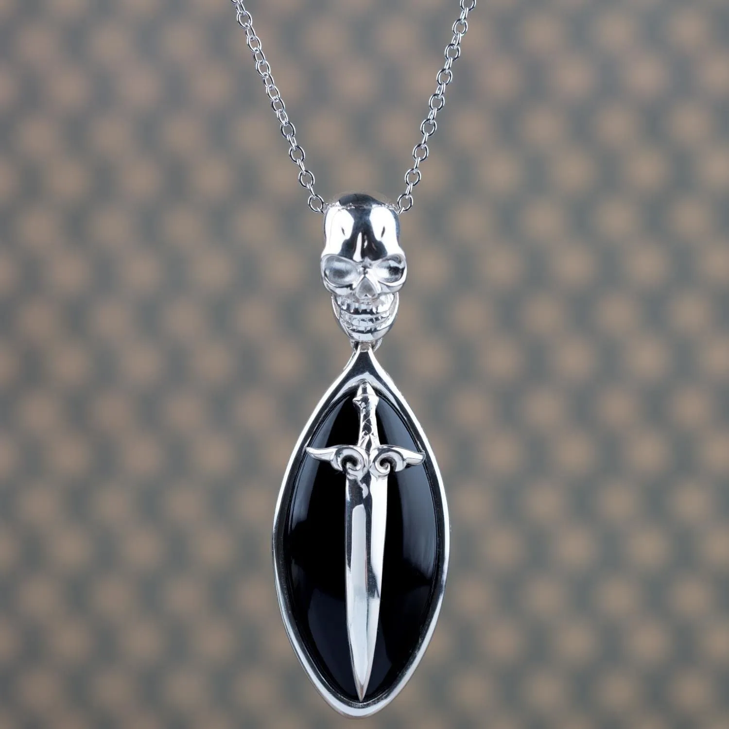 Black Agate Skull Rhodium Pendant