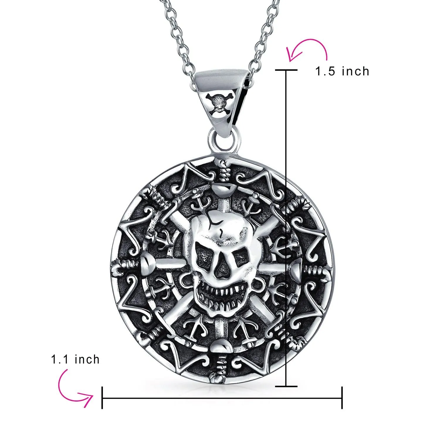 Caribbean Pirate Skull Coin Medallion Pendant Necklace Sterling Silver