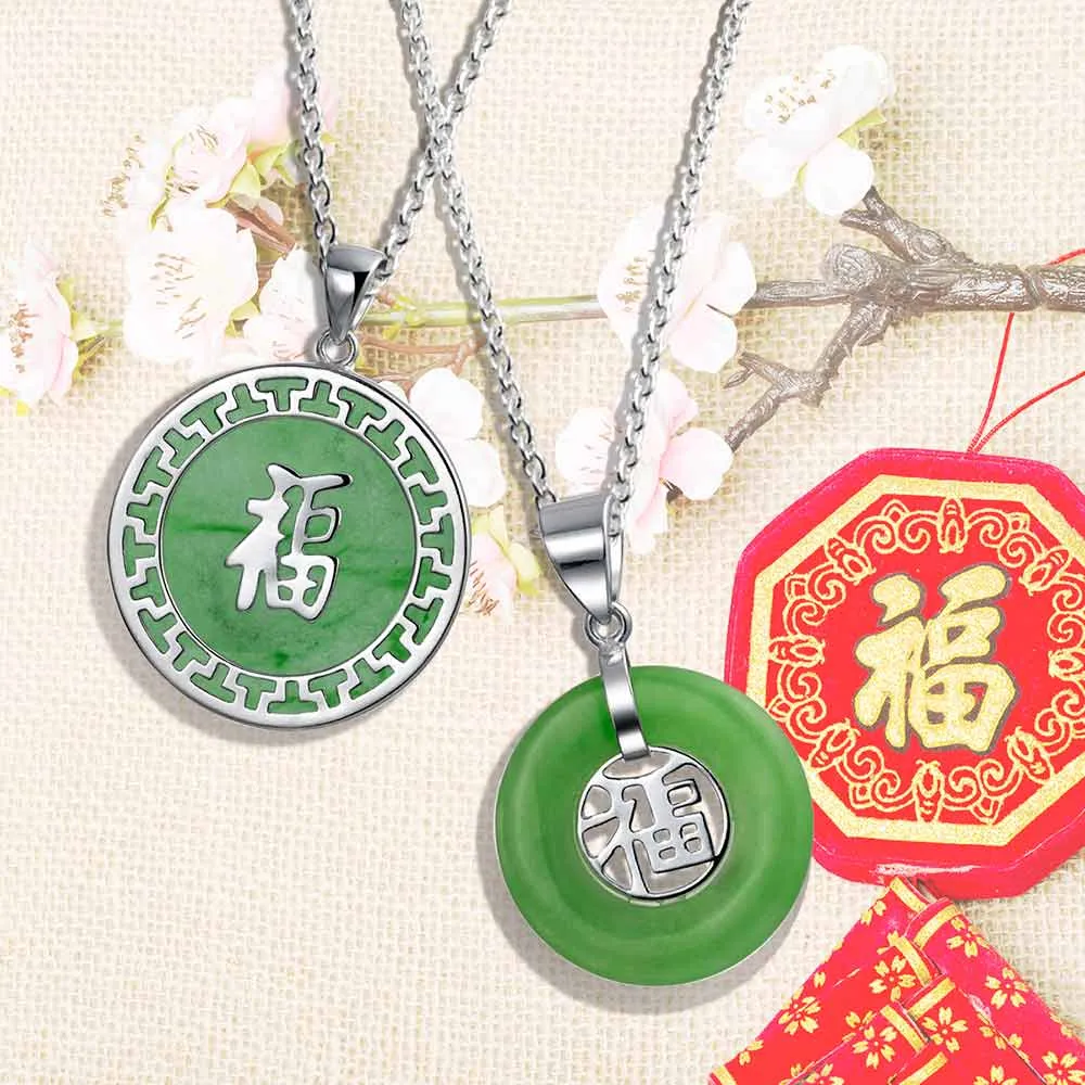 Chinese Script Good Fortune Green Agate Jade Pendant Gold Plate Silver