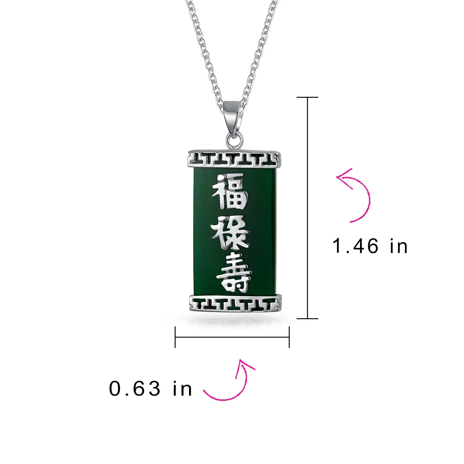 Chinese Script Good Fortune Green Agate Jade Pendant Gold Plate Silver