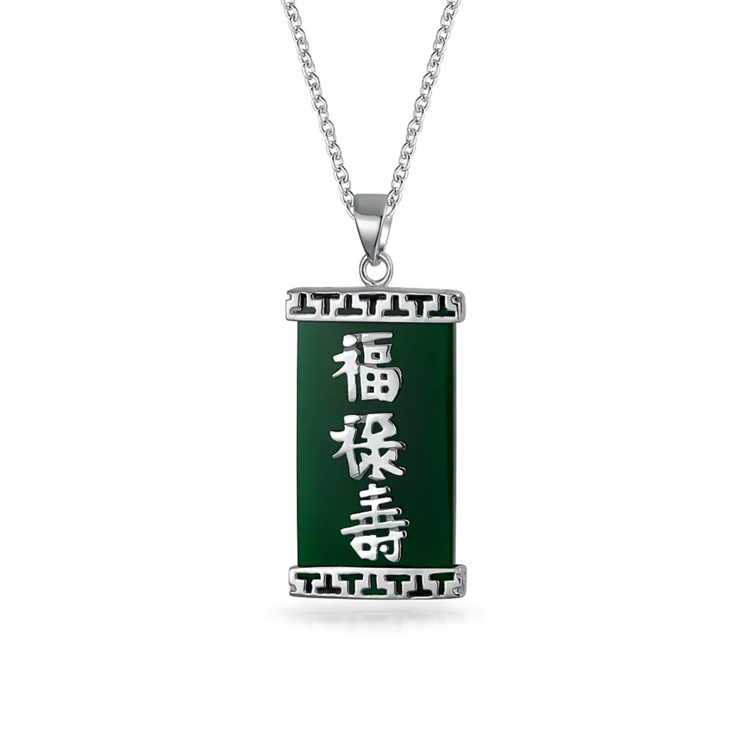 Chinese Script Good Fortune Green Agate Jade Pendant Gold Plate Silver