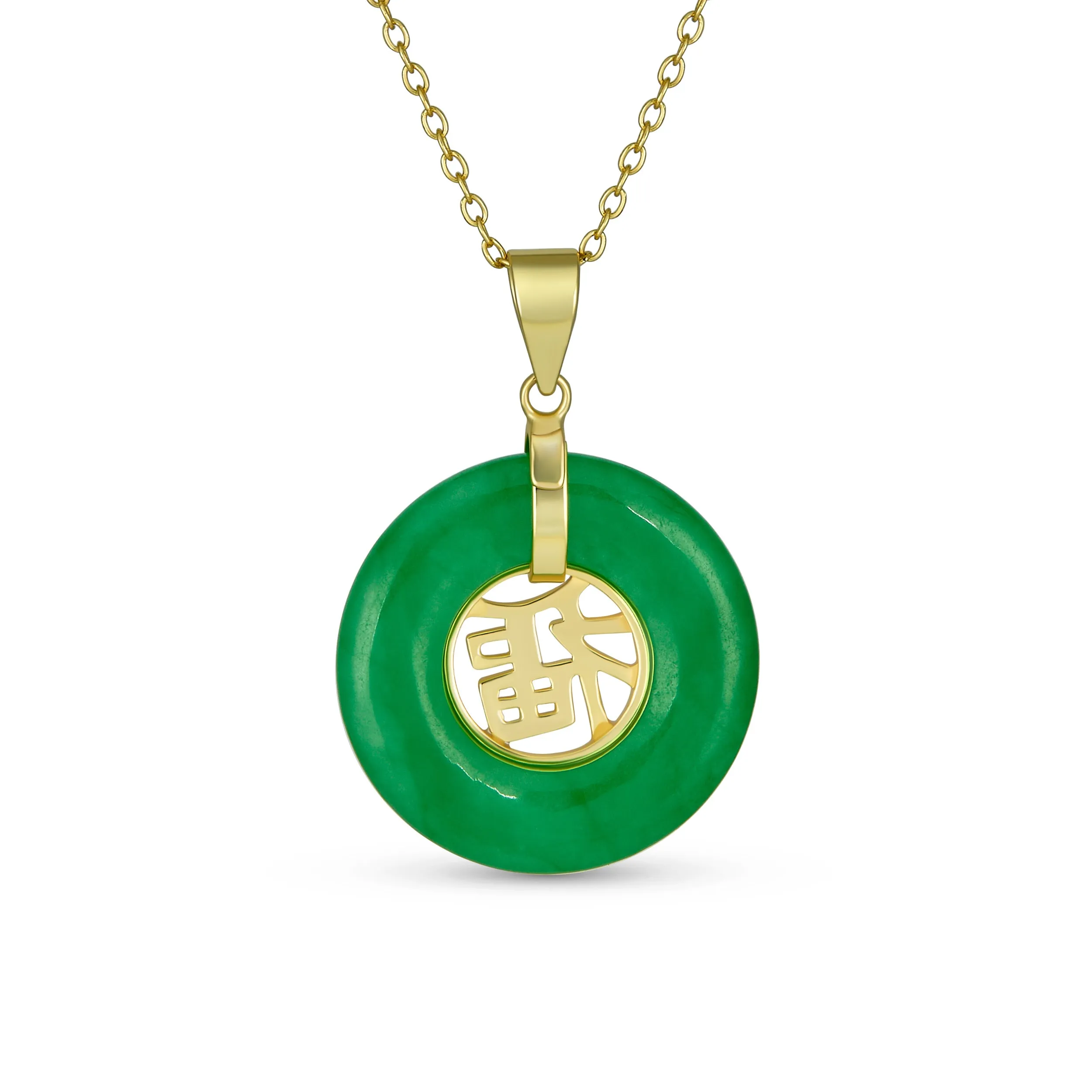 Chinese Script Good Fortune Green Agate Jade Pendant Gold Plate Silver