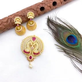 Classic Peacock Zircon (CZ) stone Pendant set with Jhumka Earring