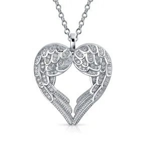 CZ Heart Shape White Opal Guardian Angel Wings Necklace .925 Sterling Silver