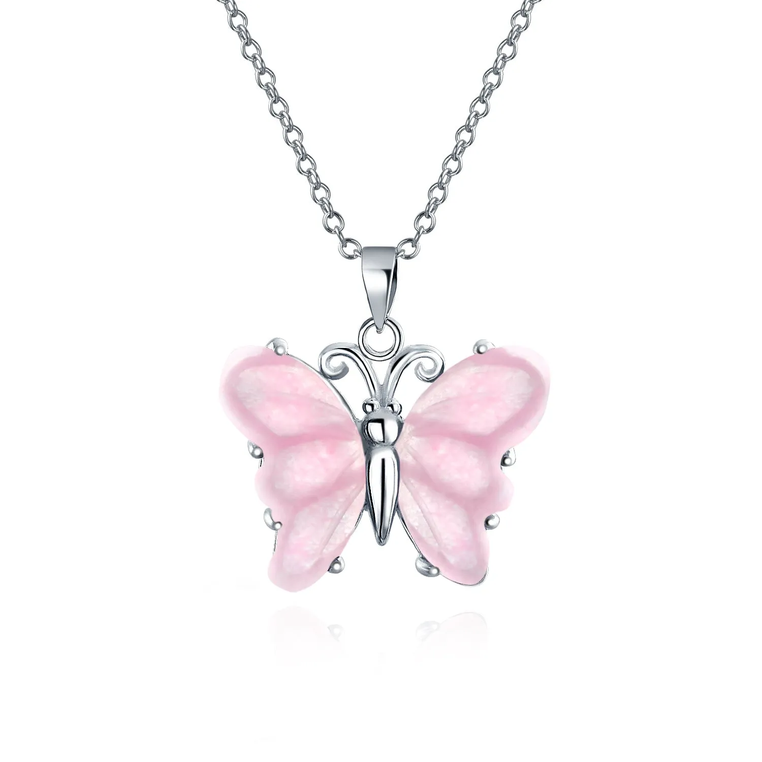 Garden Butterfly Carved Pink Green Jade Quartz Pendant Sterling Silver