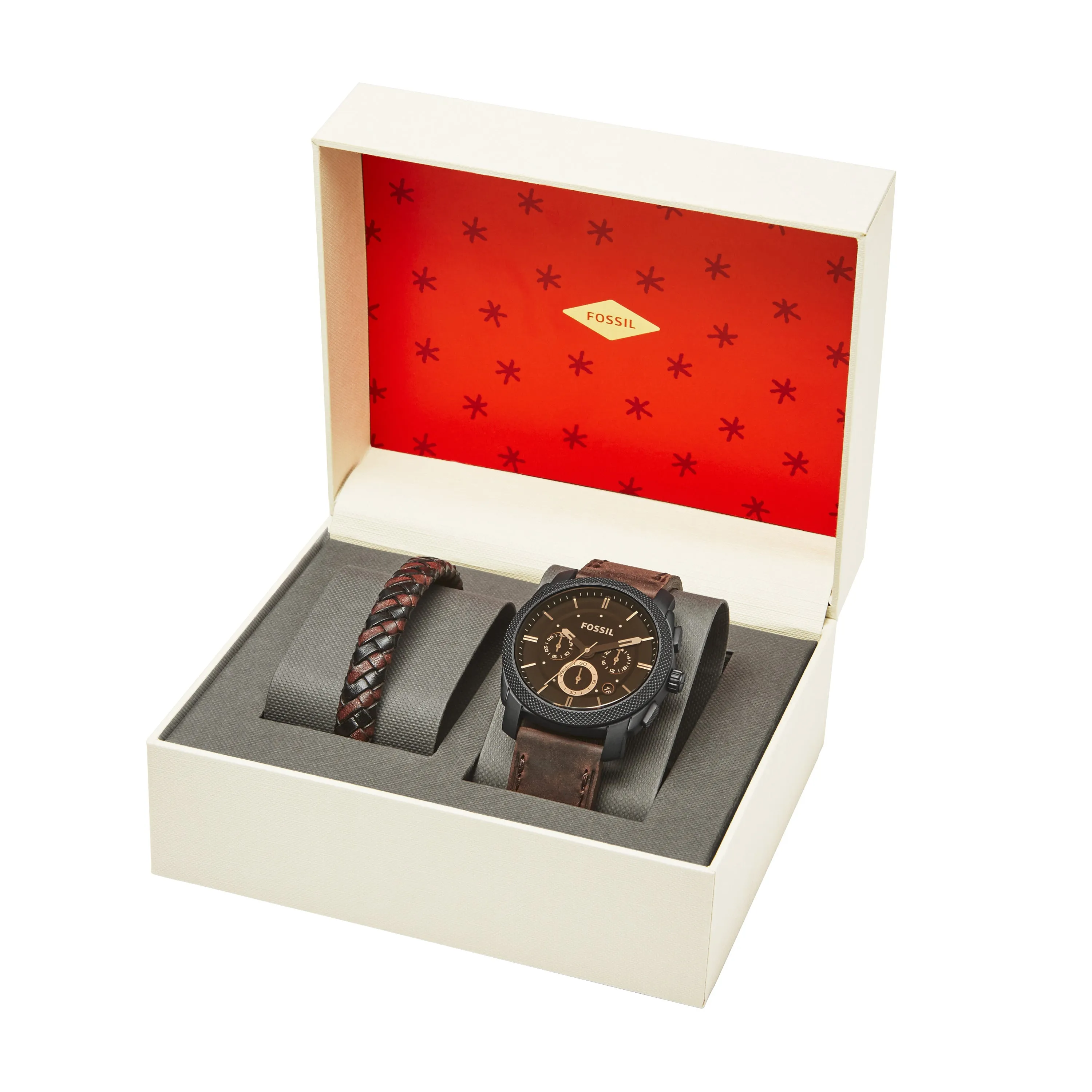 Machine Chronograph Dark Brown Leather Watch and Bracelet Box Set