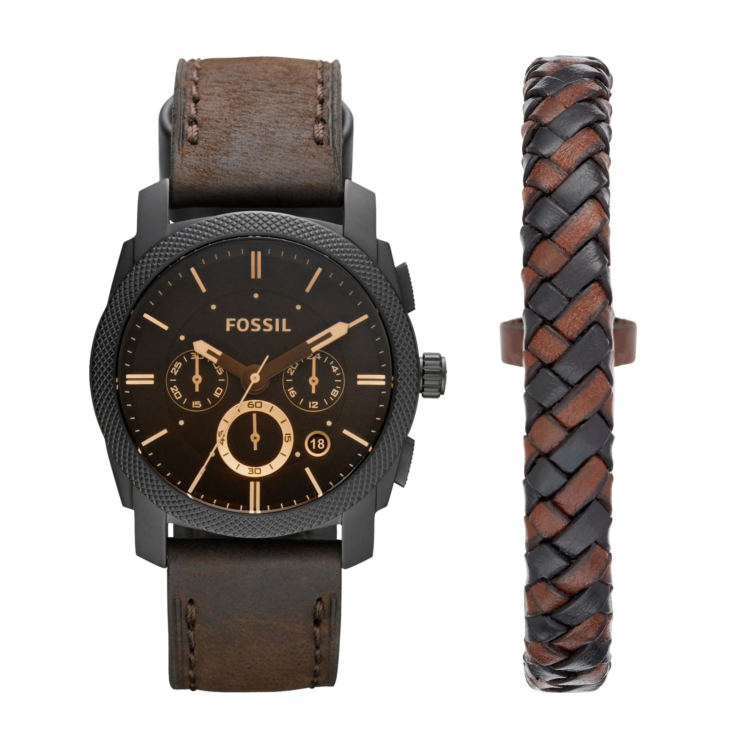 Machine Chronograph Dark Brown Leather Watch and Bracelet Box Set