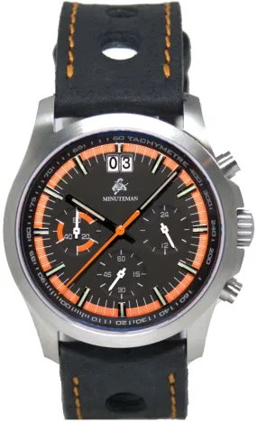 Minuteman Parker Chronograph Watch Black Leather Strap Black/Orange Dial Brushed