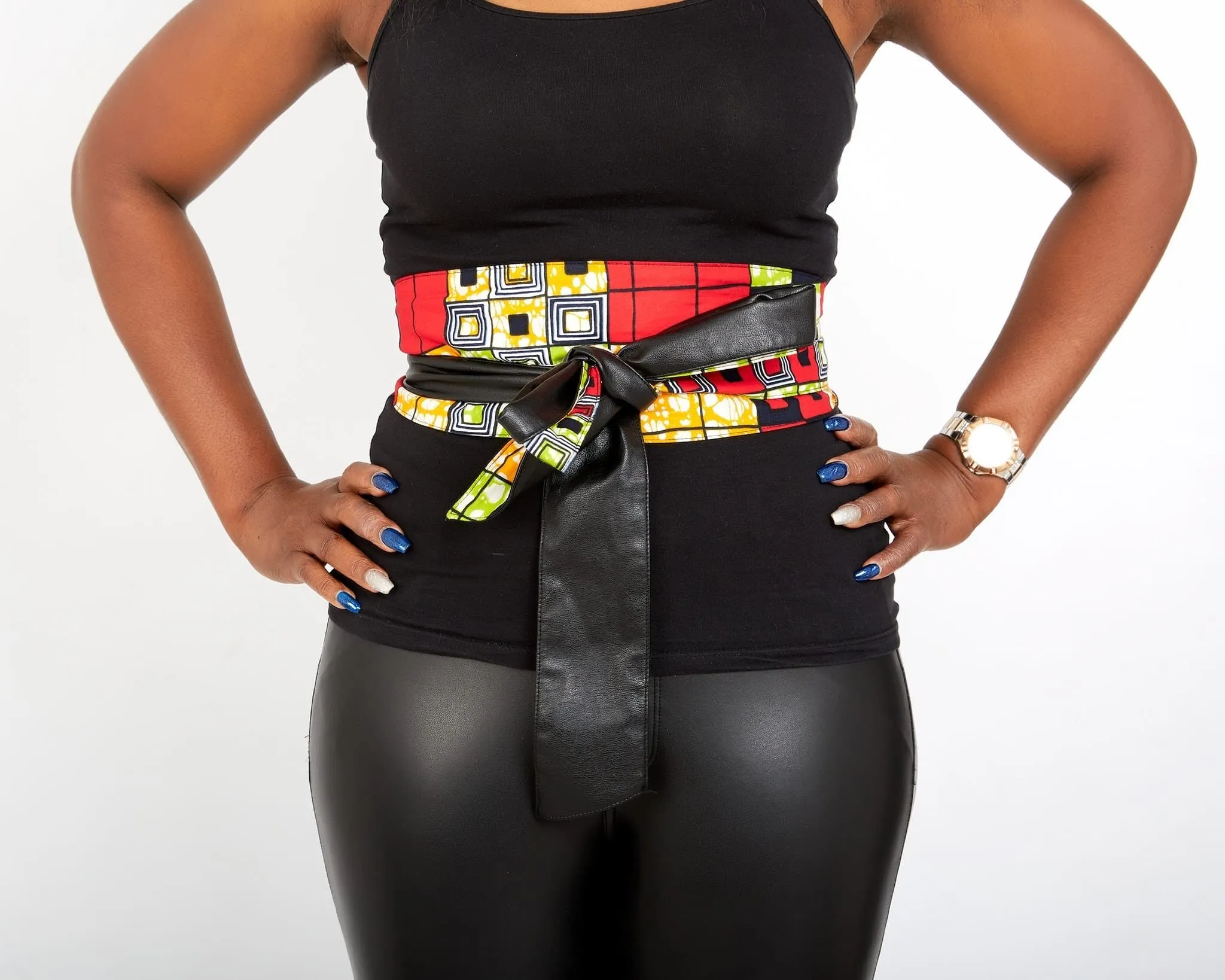 New In African Prints Reversible Leather Obi Belt - Kente